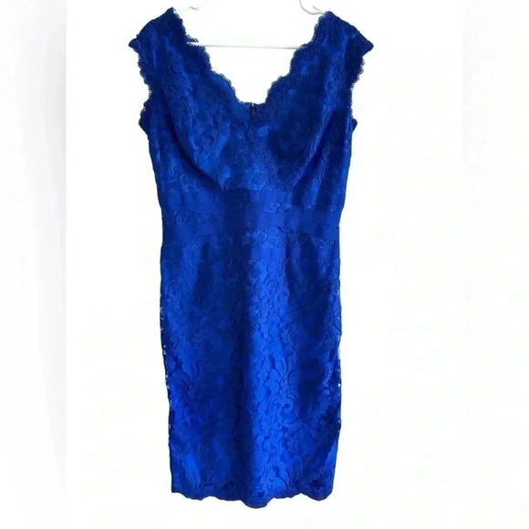 TADASHI SHOJI Dress Embroidered Sheath V Neck Lace Scallop Royal Blue Size 12 - Picture 7 of 16